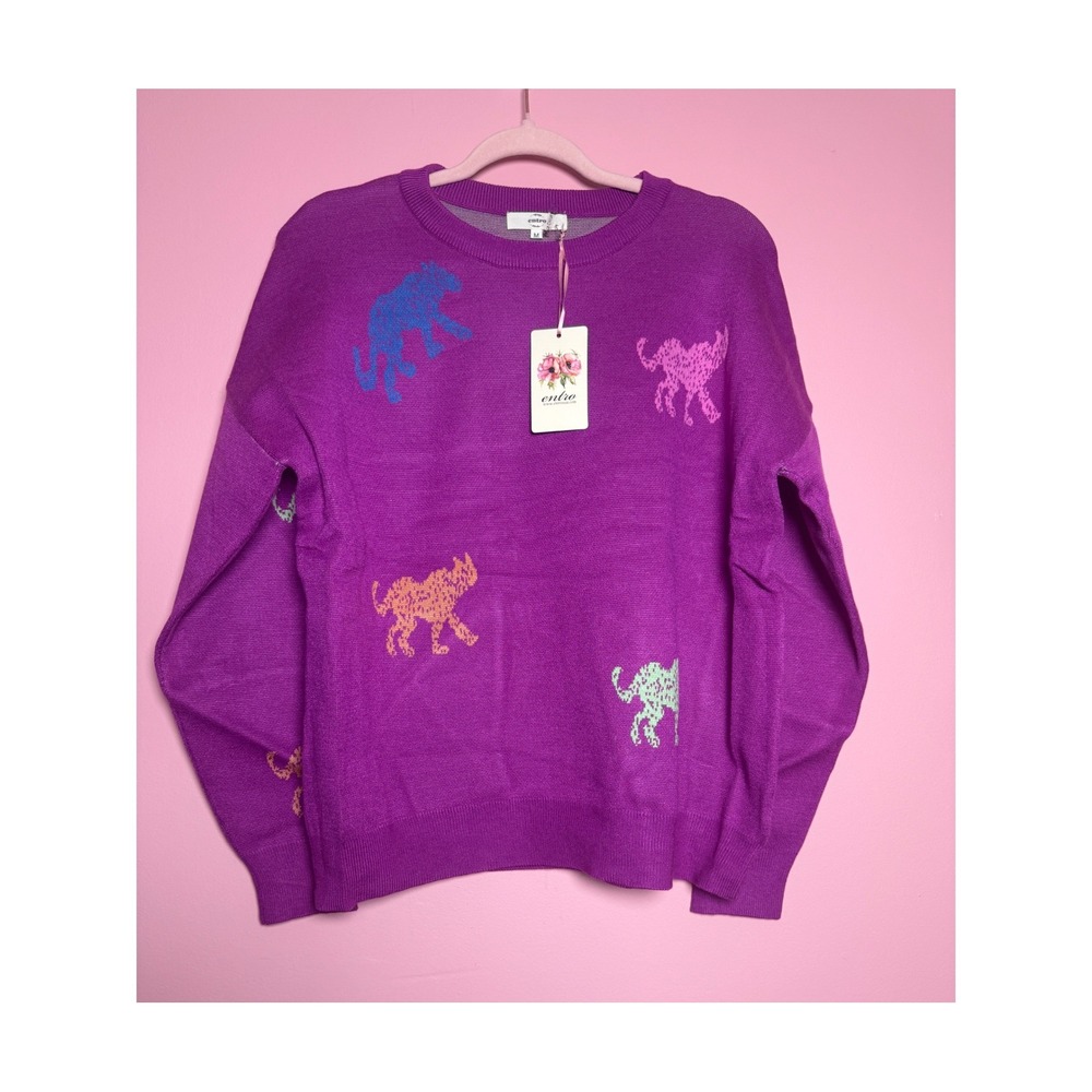 Entro Purple Leopard Animal Print Intarsia Whimsical Knit Sweater Womens Medium